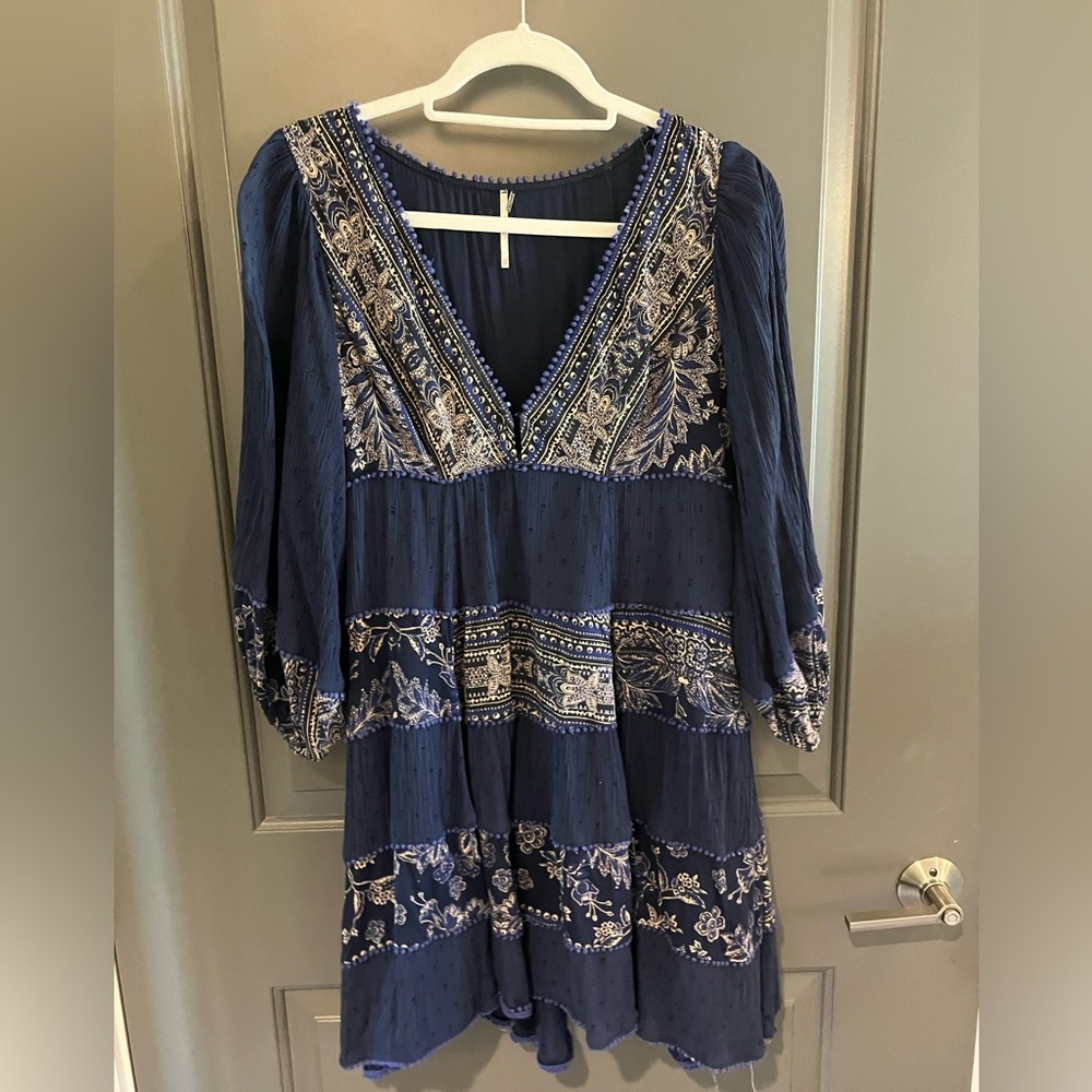 Free People V Neck Navy Pom Mini Dress XS